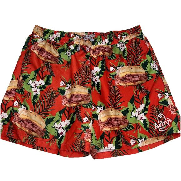 Arby’s Swim Trunks Men’s Size 2XL Red Tropical Roast Beef Shorts Beach Pool Rare - Picture 1 of 13